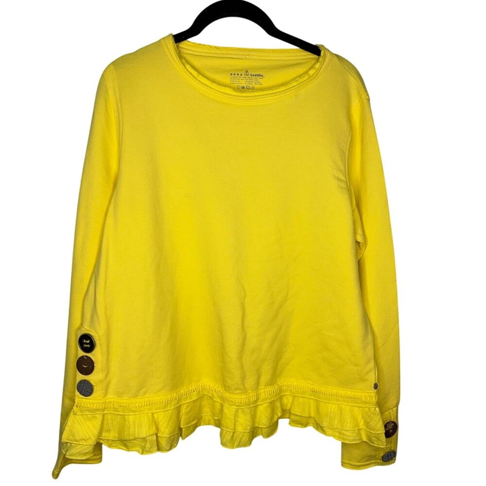Neon Buddha Pullover Sweatshirt Size Medium Button Detail Yellow Ruffle Hem NWT